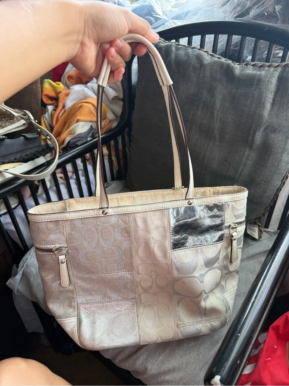 Coach Patchwork Signature Tote in Beige with Iridescent Accent